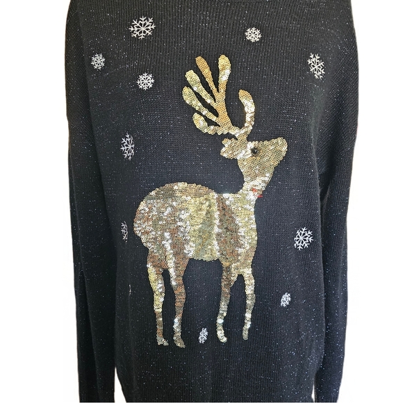 KAREN SCOTT Christmas Whimsy Sweater Black w/ Speckles & Sequin Reindeer Size L - Picture 6 of 12